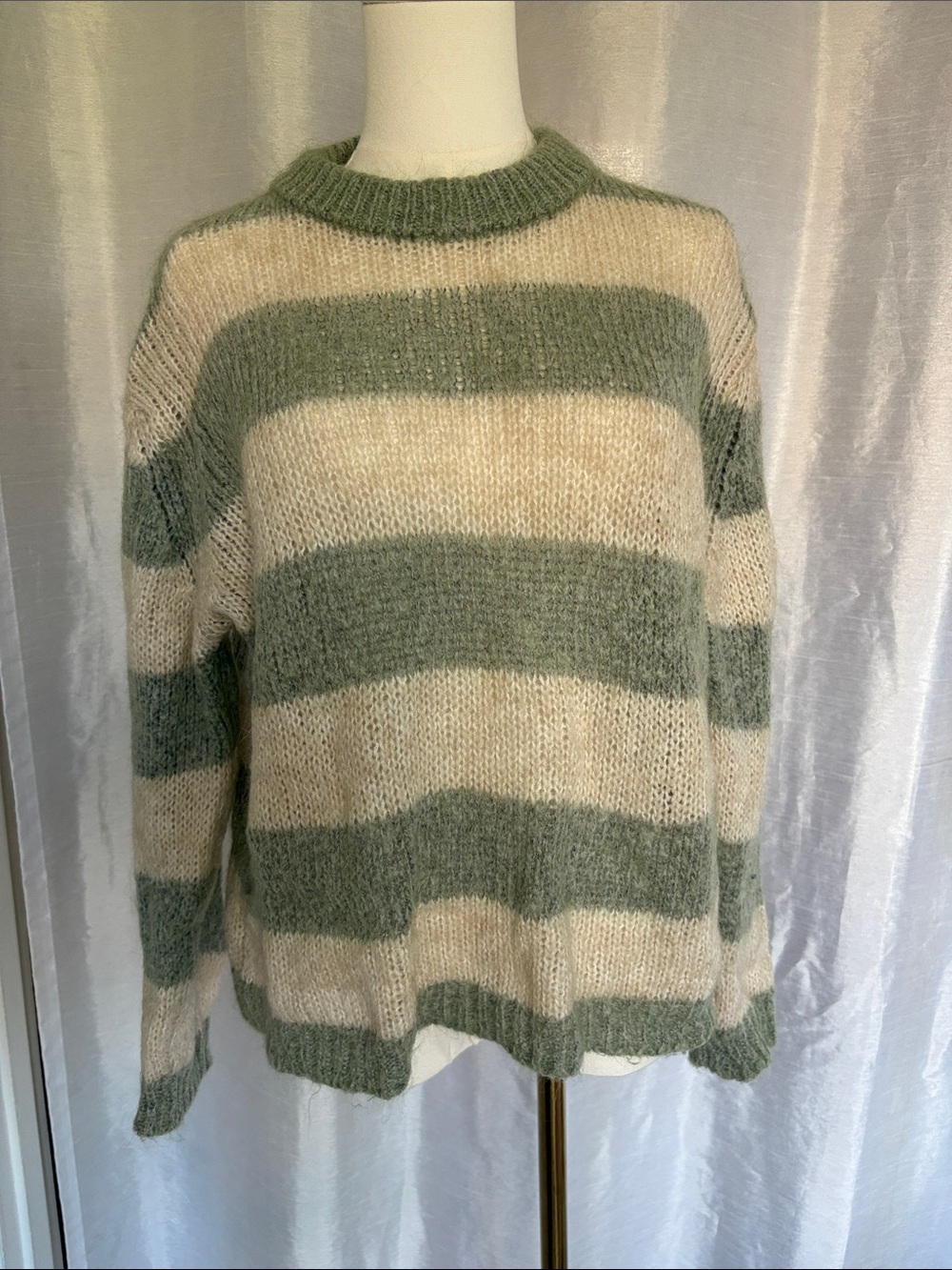 Mohair Striped Green and Cream Cozy Knit Sweater